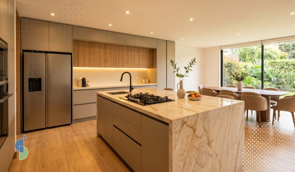 Cocina abierta con isla y mesón en piedra conectada al comedor y jardín en proyecto residencial de lujo