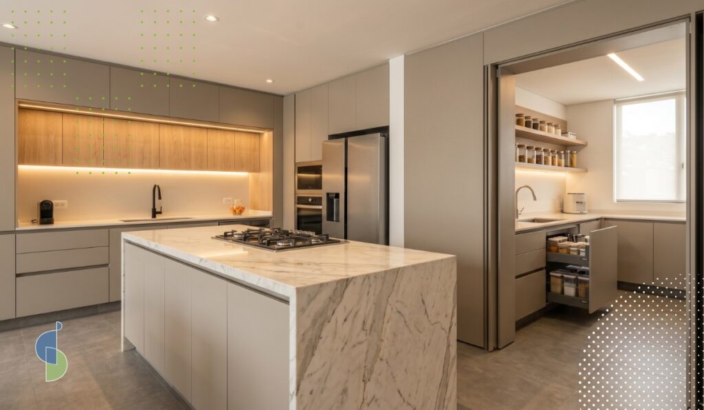 Cocina de preparación integrada junto a cocina principal con isla en mármol Calacatta en apartamento de lujo