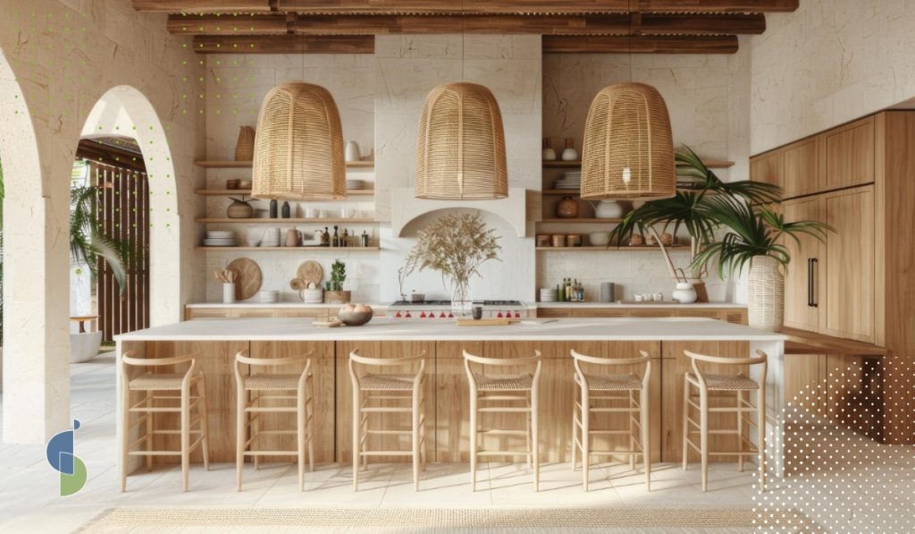 Cocina escandinava compacta con techo en madera clara y comedor redondo junto al balcón