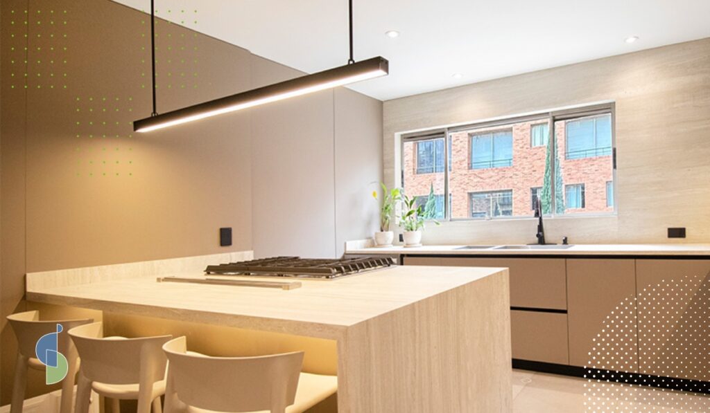 Cocina integral con perfil integrado horizontal como sistema sin tirador