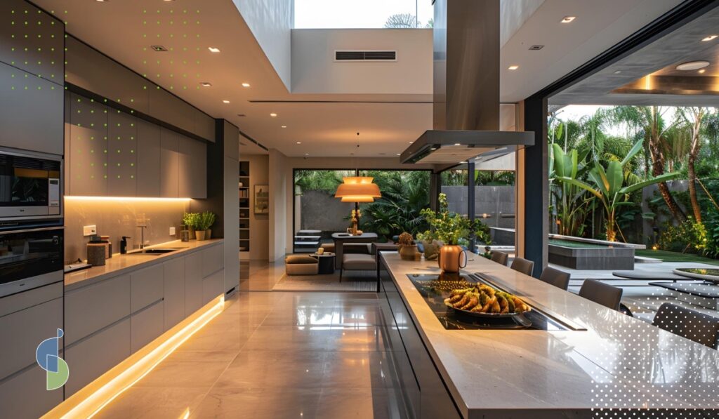 Cocina abierta con vista a jardín y elementos naturales visibles desde el interior