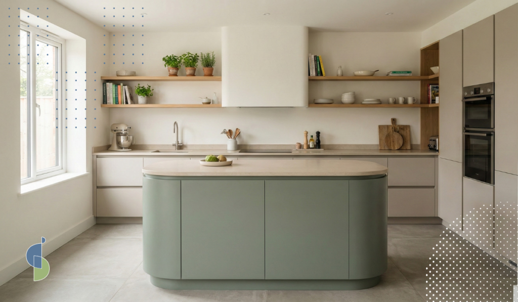 Cocina con isla redondeada en verde sage y muebles sin tiradores, diseño orgánico moderno