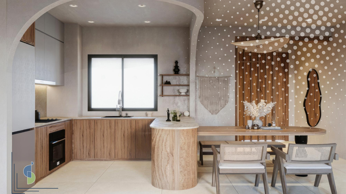 Cocina con arco redondeado y formas orgánicas integrada a comedor, diseño contemporáneo Bogotá 2026