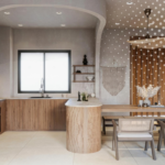 Cocina con arco redondeado y formas orgánicas integrada a comedor, diseño contemporáneo Bogotá 2026