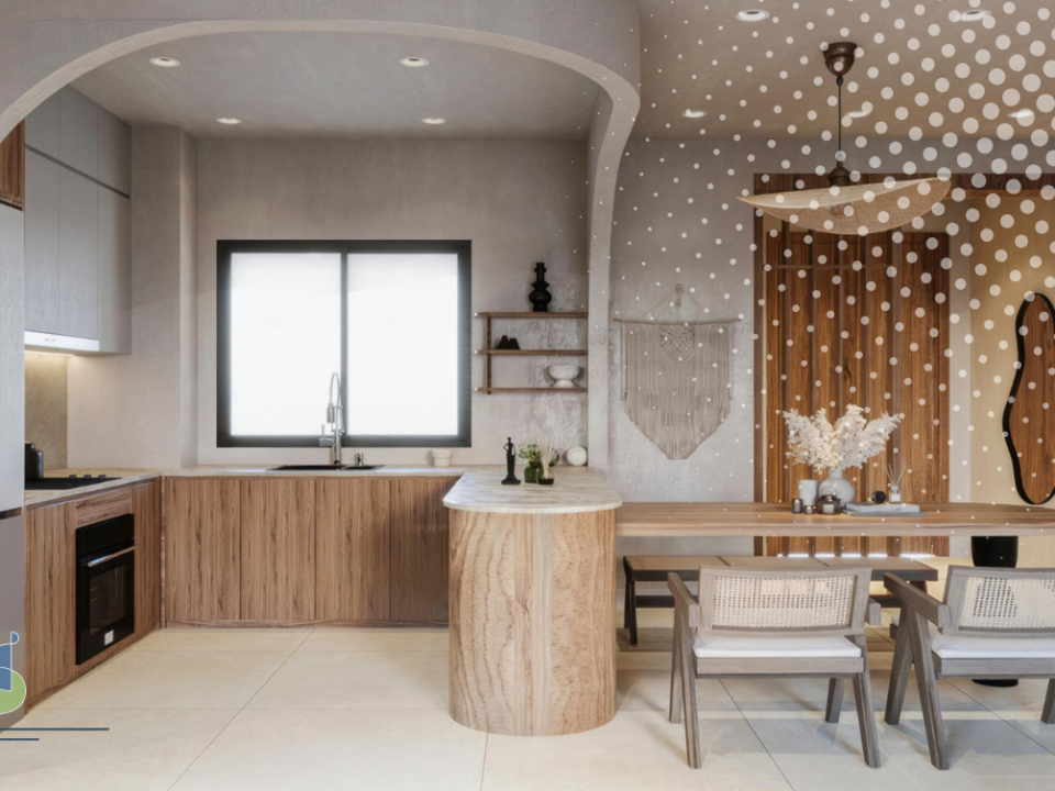 Cocina con arco redondeado y formas orgánicas integrada a comedor, diseño contemporáneo Bogotá 2026