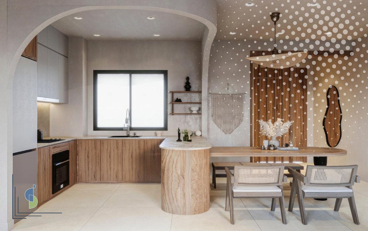 Cocina con arco redondeado y formas orgánicas integrada a comedor, diseño contemporáneo Bogotá 2026