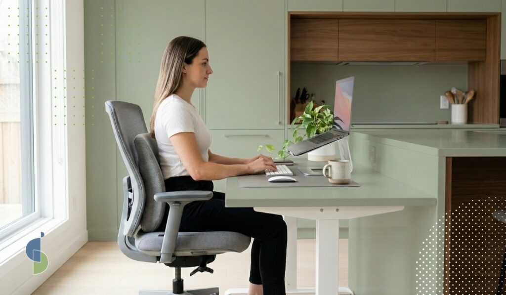 Mujer en silla ergonómica trabajando en cocina verde salvia, postura correcta, ventana lateral con luz natural