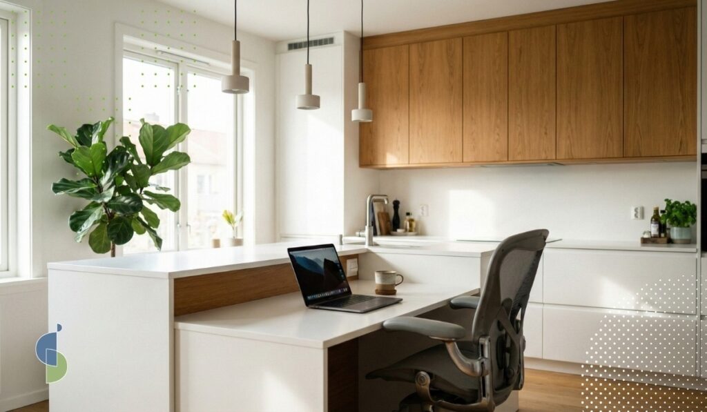 Imagen de cocina funcional con espacio de oficina para teletrabajo