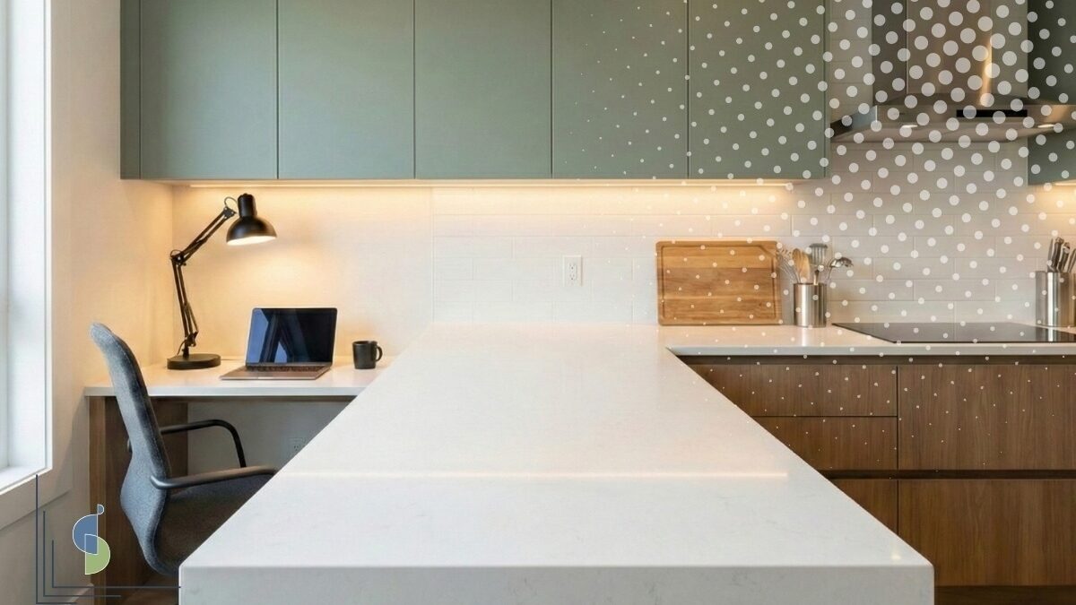 Cocina península en L con laptop y silla cerca ventana, zona cocina separada, verde salvia y madera