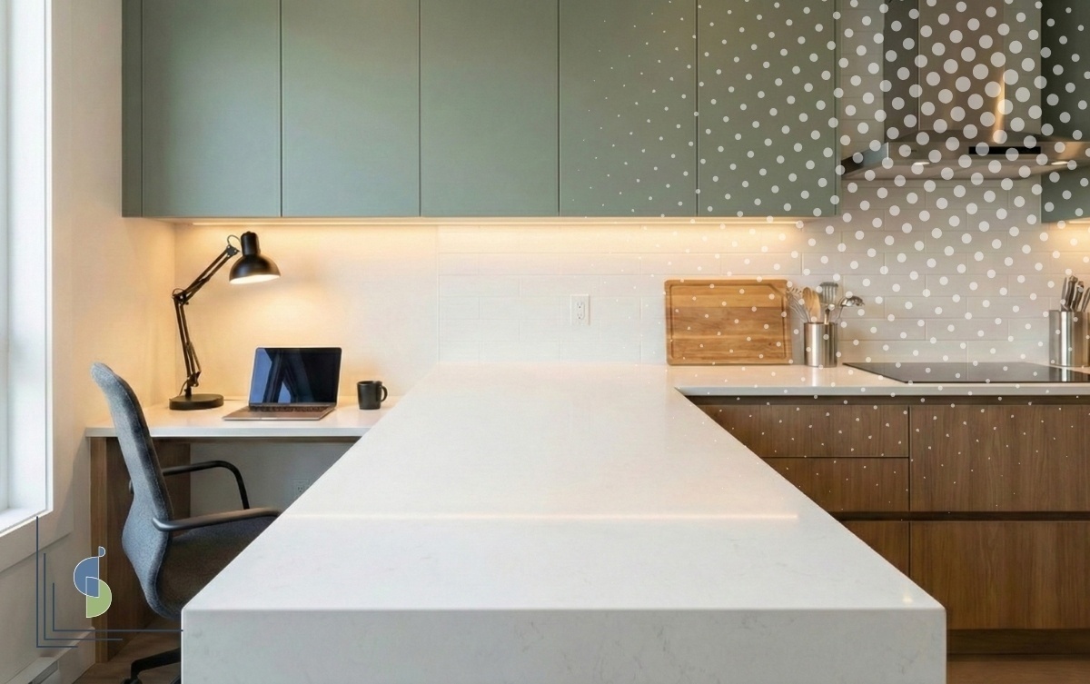 Cocina península en L con laptop y silla cerca ventana, zona cocina separada, verde salvia y madera