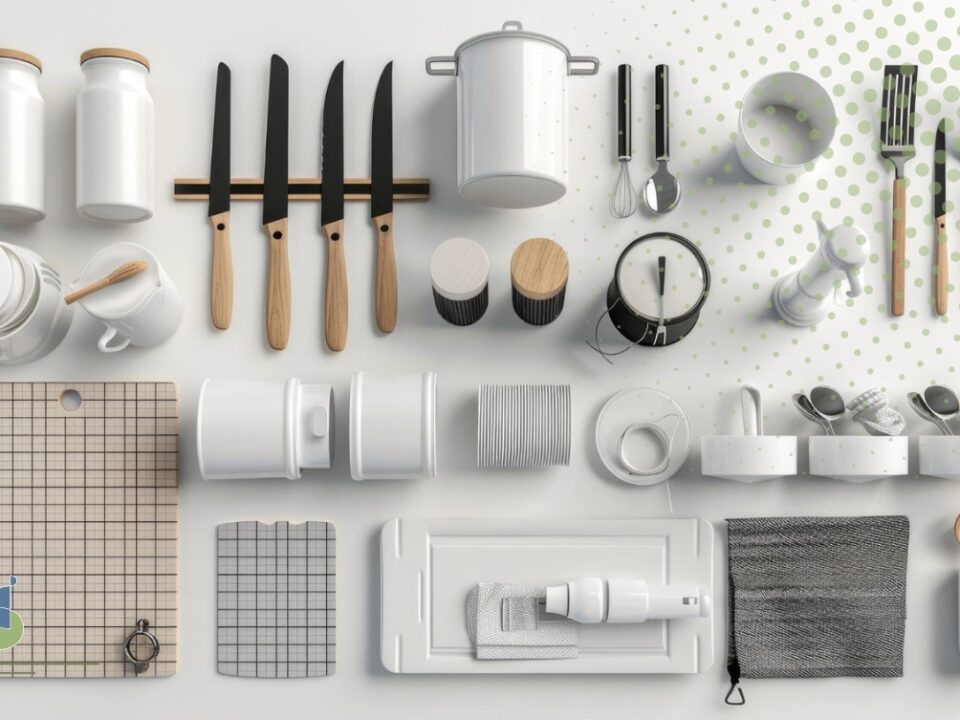 Vista superior de diversos accesorios de cocina organizados, incluyendo frascos, cuchillos, tablas de cortar, especieros y utensilios con detalles en madera y acero.