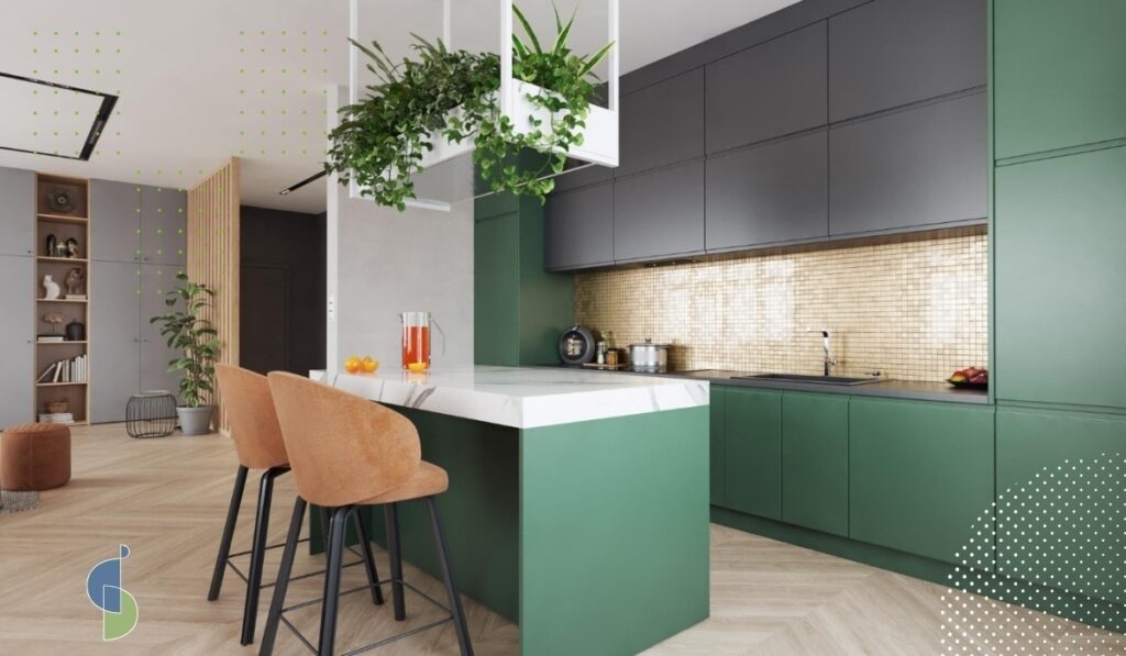 Cocina abierta integrada a zona social con gabinetes en verde bosque y altos en gris antracita