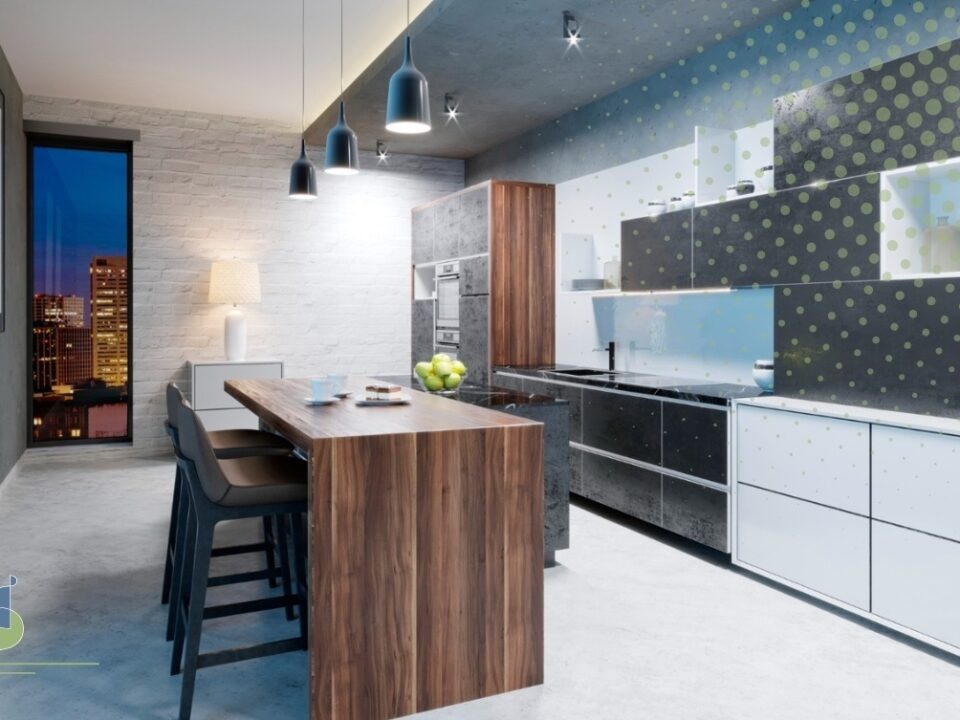 Cocina integral de dos tonos con gabinetes en madera y frentes oscuros, isla de madera y vista urbana nocturna