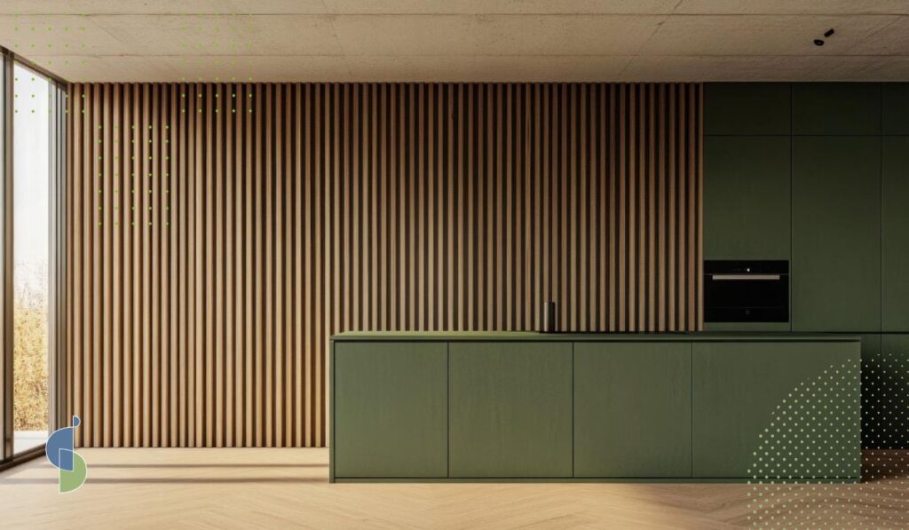 Panel acanalado en madera con luz natural lateral que resalta las ranuras verticales