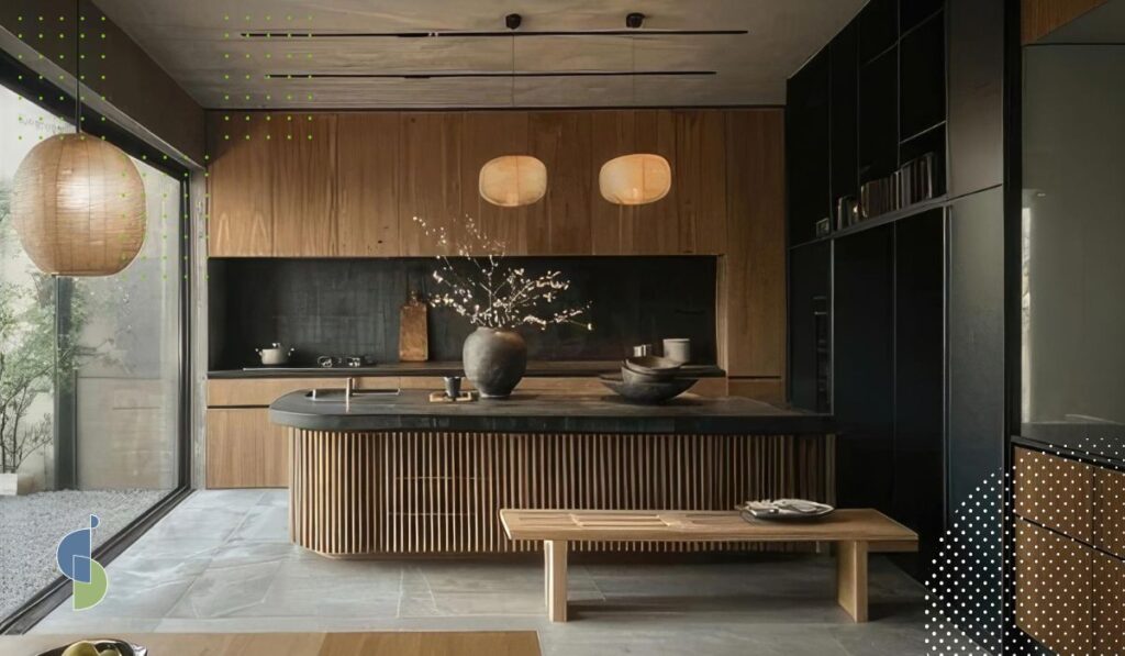 Isla de cocina con acabado acanalado en madera clara y mesón de piedra oscura