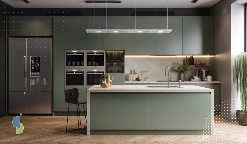 Isla de cocina con frentes en verde oliva mate sin jaladores en cocina abierta con electrodomésticos integrados