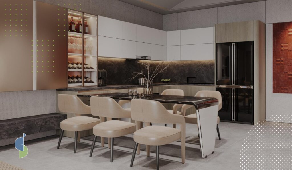 Cocina con isla central de mesón en piedra oscura y sillas tapizadas en beige, con muebles altos blancos e iluminación integrada en Bogo