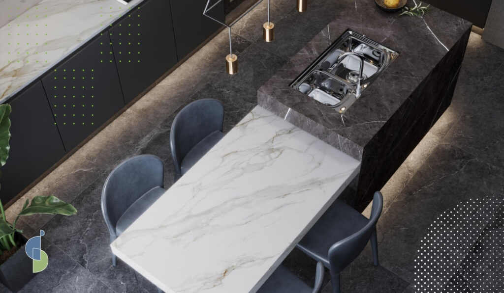 Isla flotante de cocina con mesón de mármol blanco y extensión suspendida para comedor con sillas