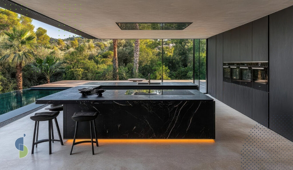 Isla flotante con iluminación LED cálida integrada bajo el mesón de mármol negro