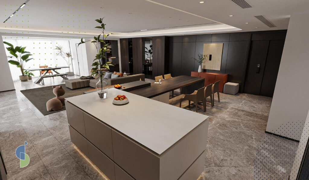 Diseño alemán de cocina con isla flotante sin manijas y líneas minimalistas