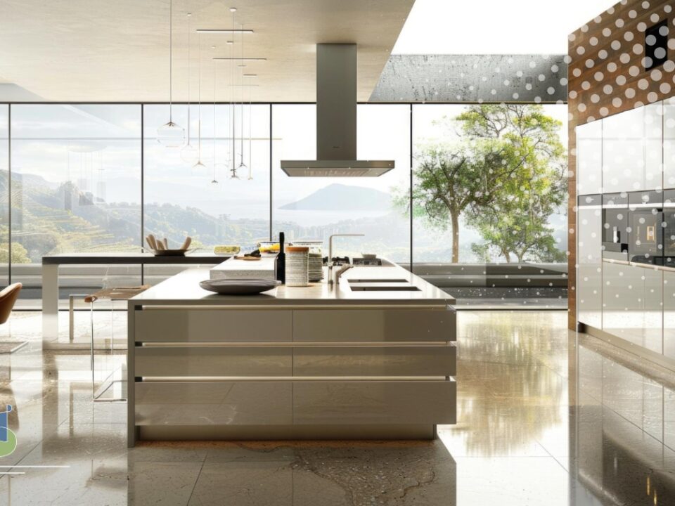 Cocina moderna de lujo con isla central flotante y diseño minimalista