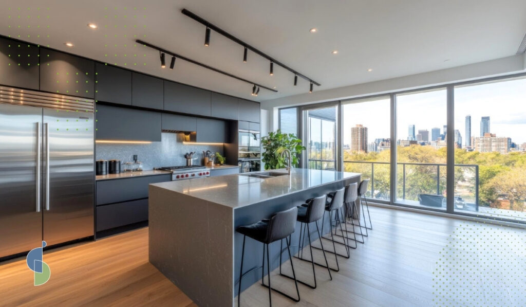 Cocina integral en gris antracita mate sin manijas con isla de piedra gris y vista urbana en apartamento con luz natural
