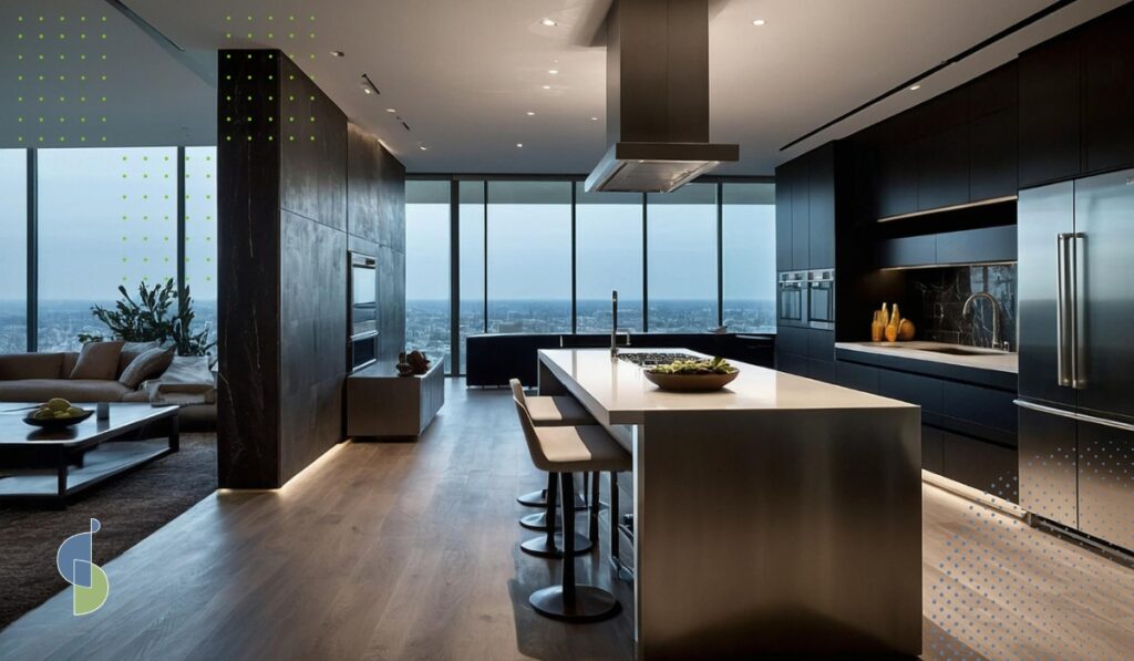 Cocina abierta con isla de mesón claro campana integrada y muebles en tono oscuro sin manijas con iluminación indirecta y continuidad hacia el área social