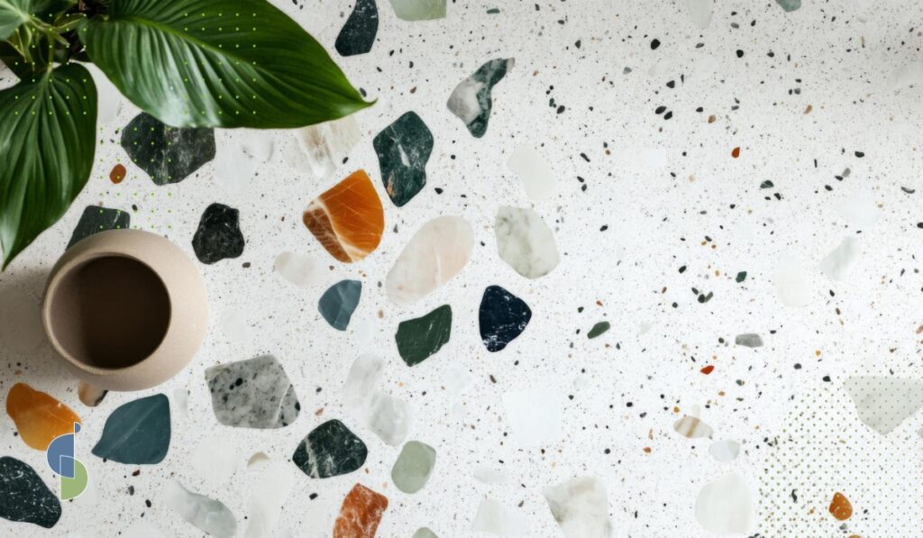 Vista superior de un mesón de terrazo con fragmentos de mármol y una planta