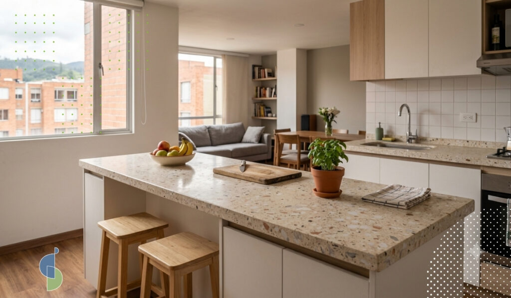 Mesón de terrazo en cocina abierta de apartamento bogotano con vista a los cerros