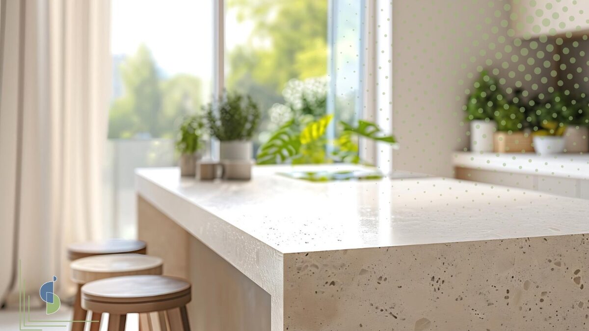 Mesón de terrazo con acabado brillante en isla de cocina moderna