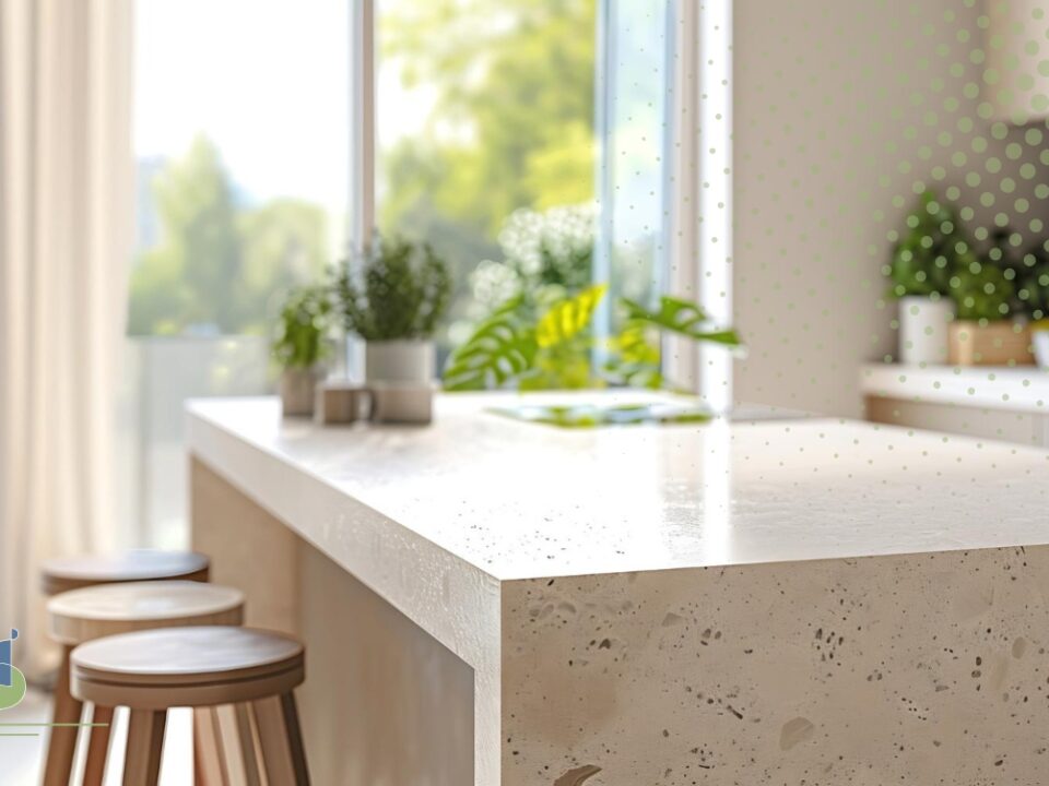 Mesón de terrazo con acabado brillante en isla de cocina moderna