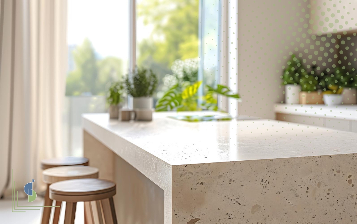 Mesón de terrazo con acabado brillante en isla de cocina moderna