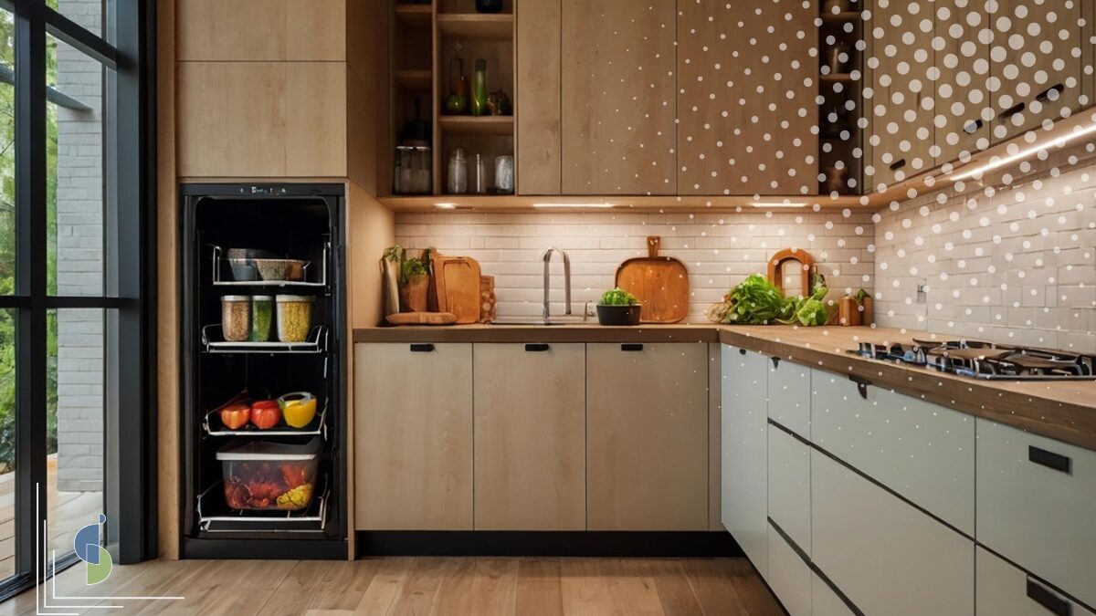 Cocina moderna y organizada con gabinetes de madera y estantes abiertos, ideal para optimizar espacios