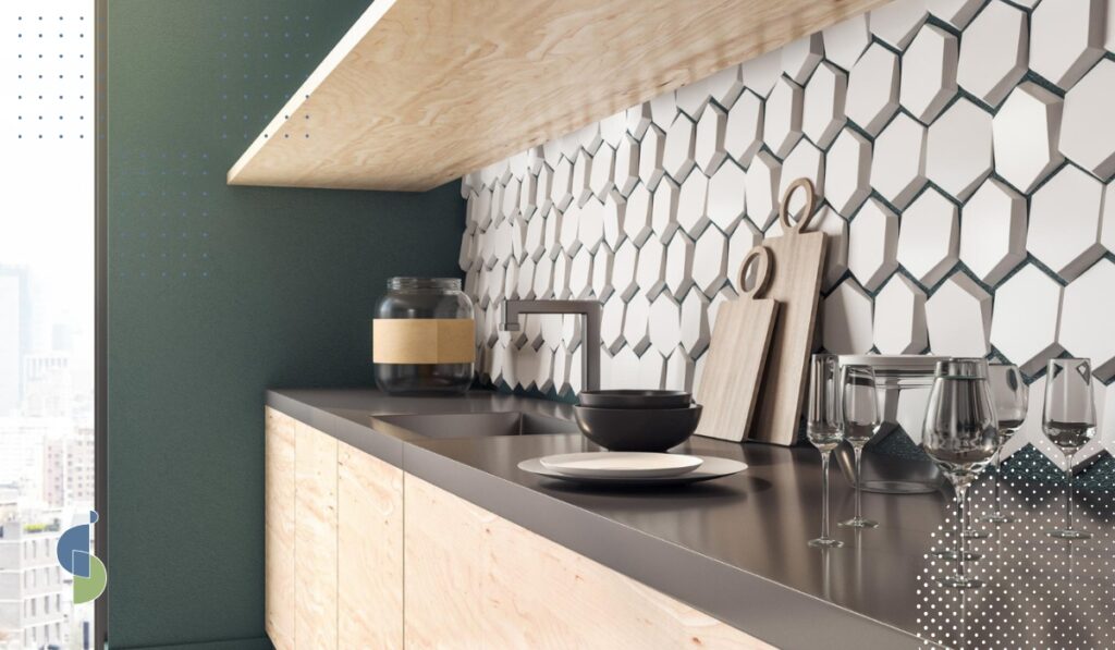 Salpicadero con azulejos hexagonales 3D blancos en cocina con muebles de madera
