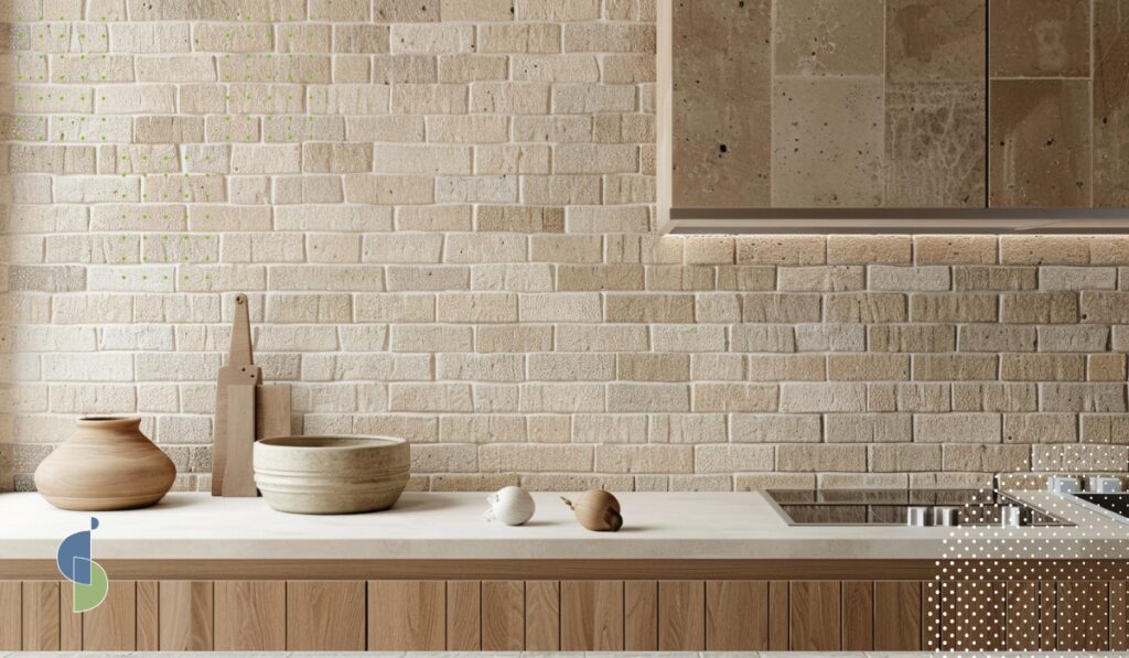 Cocina con revestimiento cerámico imitación piedra en tonos beige y mesón de madera