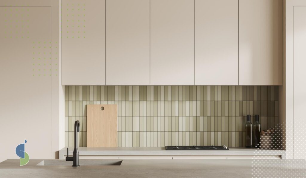 Salpicadero con azulejos lineales verticales en verde salvia cocina minimalista