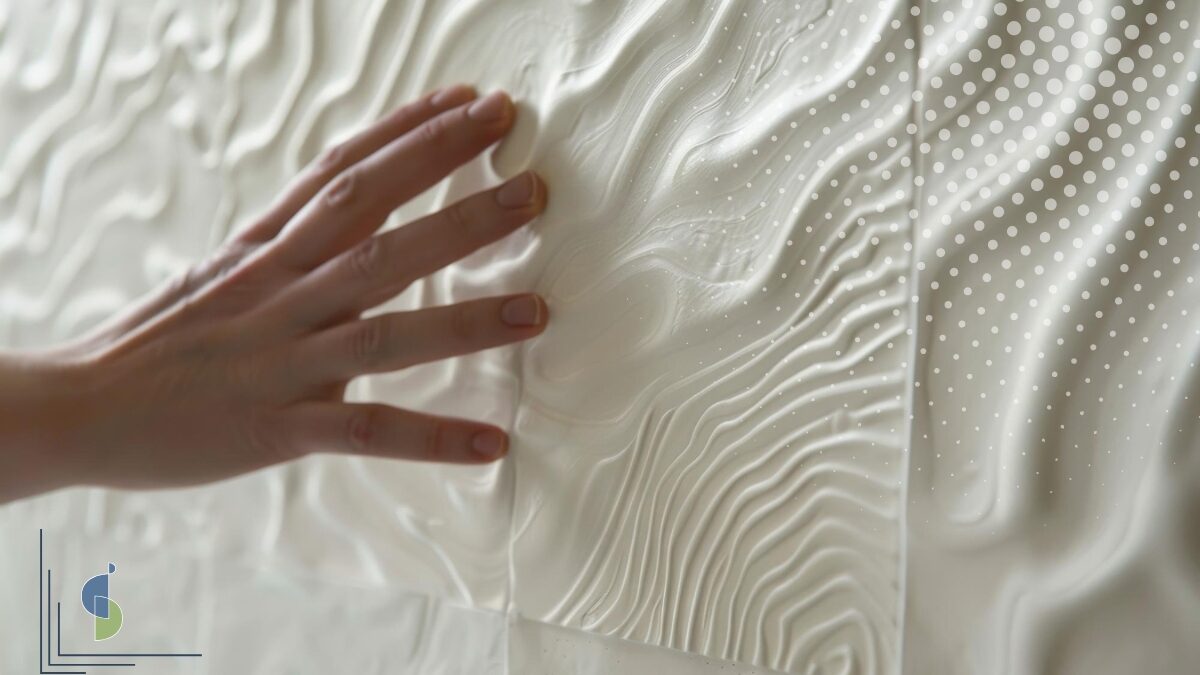 Mano tocando revestimiento cerámico con relieve 3D en ondas blancas