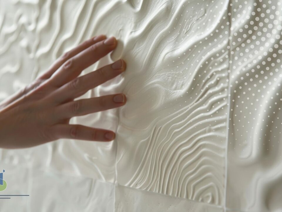 Mano tocando revestimiento cerámico con relieve 3D en ondas blancas