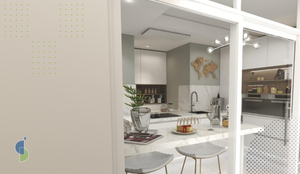 Cocina separada de la sala por una división de vidrio con puertas corredizas de marco blanco