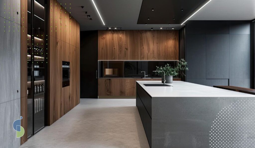 Cocina minimalista con muebles altos que optimizan el almacenamiento y mantienen el espacio ordenado. Los electrodomésticos están ocultos para lograr una estética limpia y elegante. Los acabados en laminado color madera se combinan armoniosamente con un mesón blanco y detalles en gris, resaltando un diseño moderno y funcional.