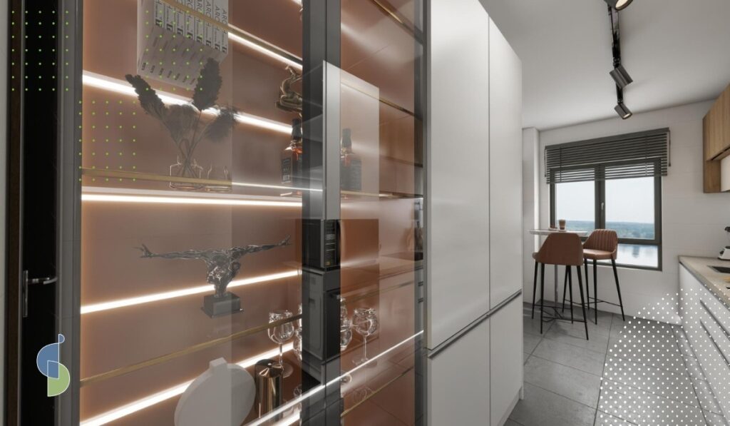 vitrina de cocina con iluminación LED integrada en cada balda y vidrio de perfil oscuro en tono bronce