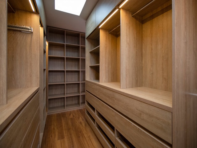 Walk-in closet práctico y elegante en madera, con cajones amplios y colgadero, iluminación LED