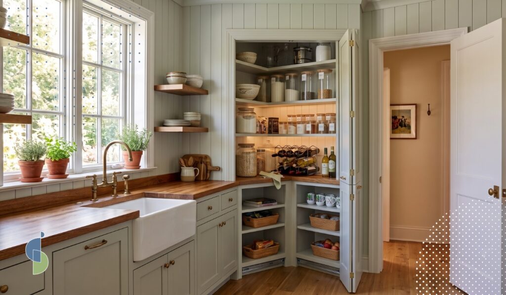 Walk-in pantry con puertas plegables abiertas y estantería organizada con frascos y vinos