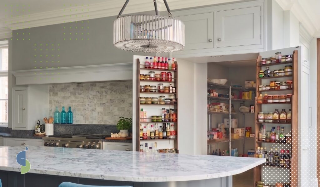 Isla de cocina con estantes extraíbles llenos de condimentos y walk-in pantry al fondo