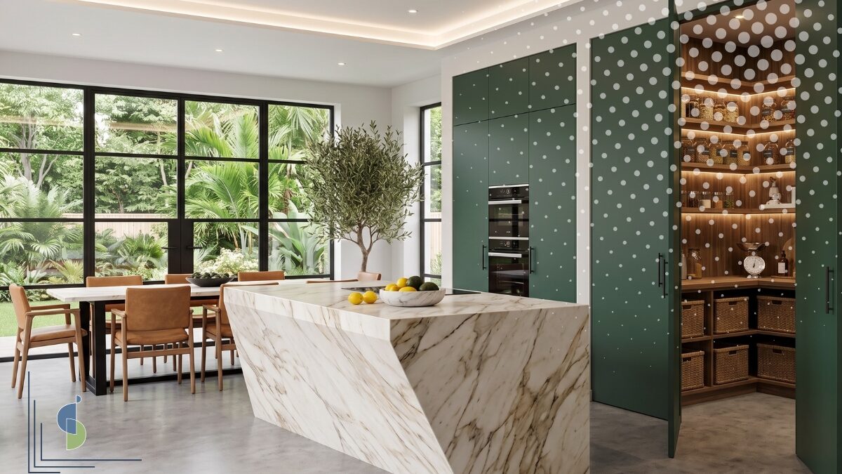 Cocina de lujo con isla de mármol y walk-in pantry con puerta verde camuflada abierta