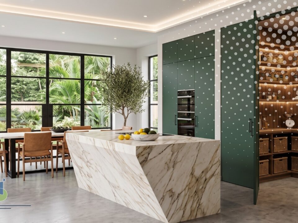 Cocina de lujo con isla de mármol y walk-in pantry con puerta verde camuflada abierta