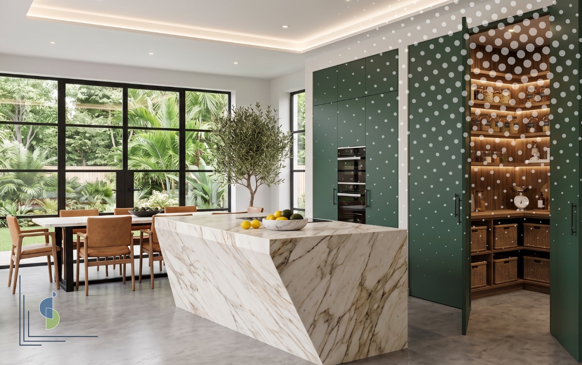 Cocina de lujo con isla de mármol y walk-in pantry con puerta verde camuflada abierta